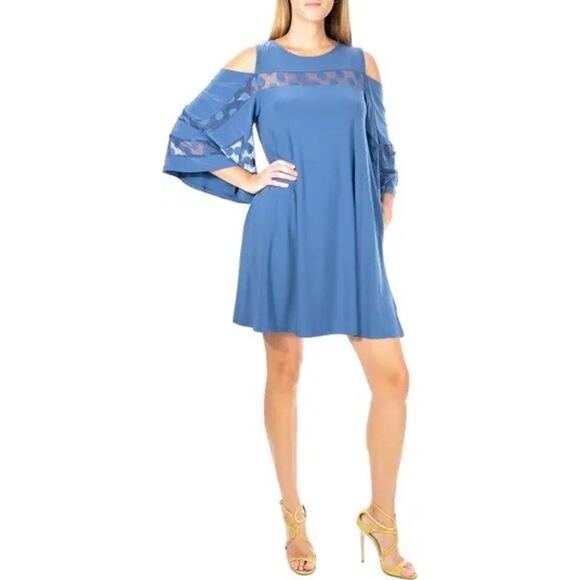 Nina Leonard Blue Moon Cold Shoulder Polka Dot Mesh Mini Shift Dress Medium NWT - Picture 1 of 15
